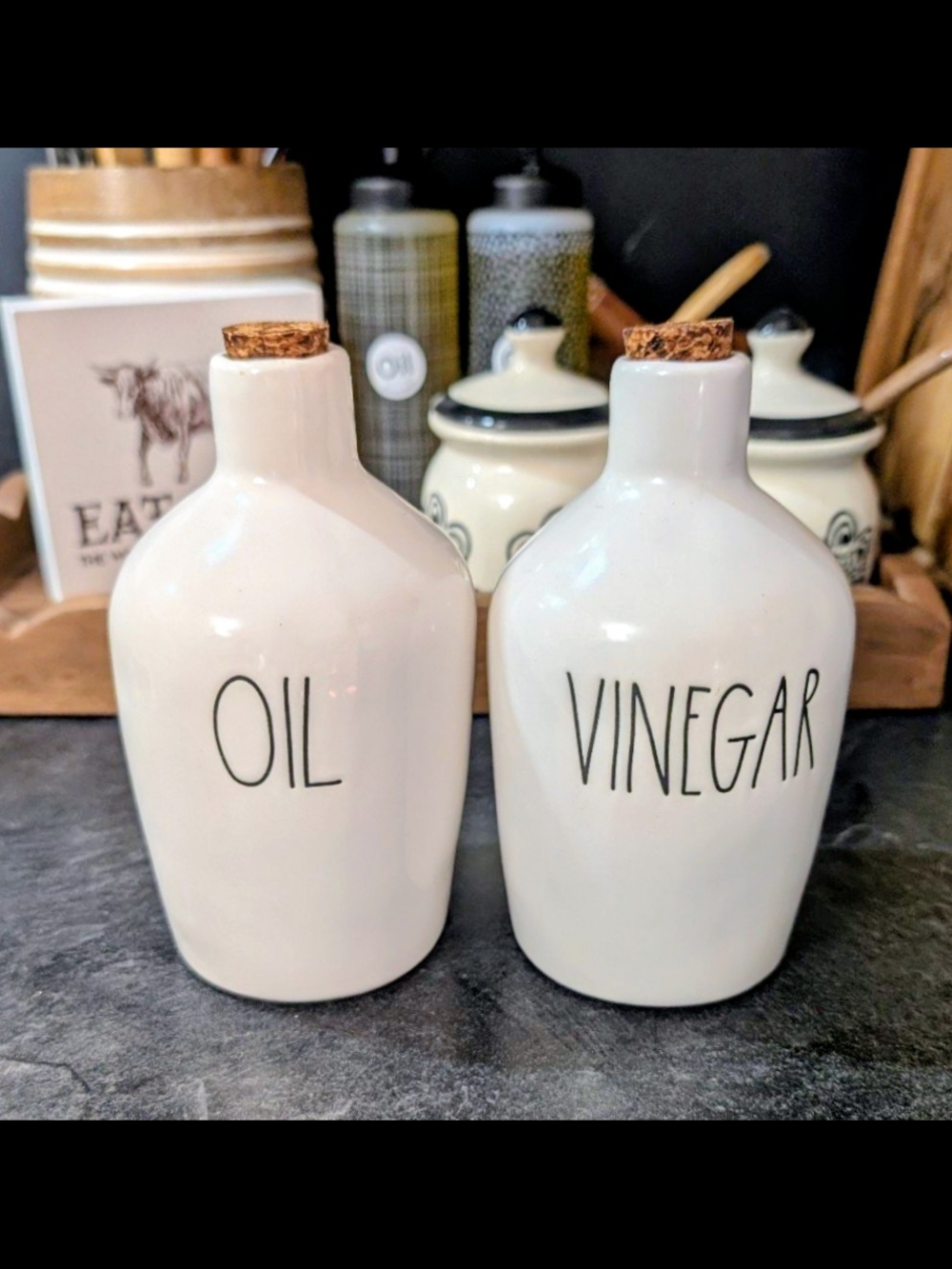 Rae Dunn White Ceramic Oil & Vinegar Bottles with Cork Tops